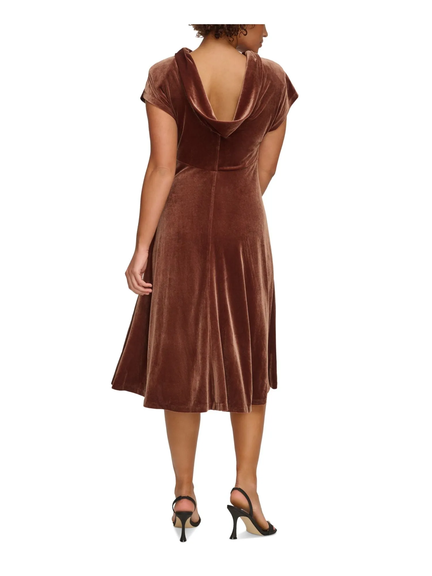 CALVIN KLEIN Womens Brown Gathered High Neck Cowl Back Pull On Cap Sleeve Midi Evening Fit   Flare Dress