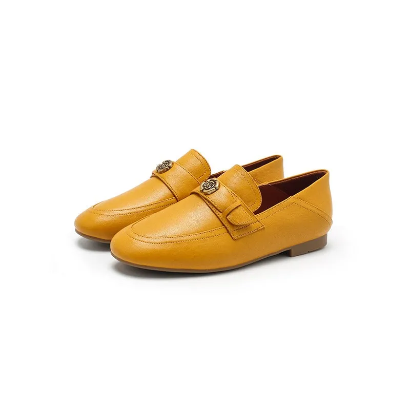 Classic Camellia-Detailed Sheepskin Loafers for Women in Beige/Yellow/Black/Khaki/Red