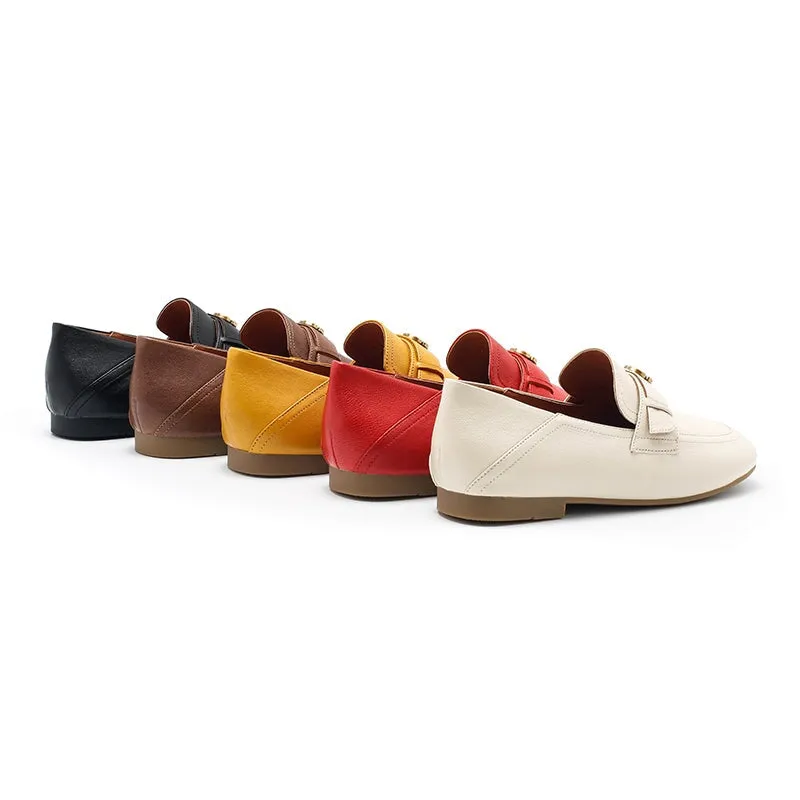 Classic Camellia-Detailed Sheepskin Loafers for Women in Beige/Yellow/Black/Khaki/Red