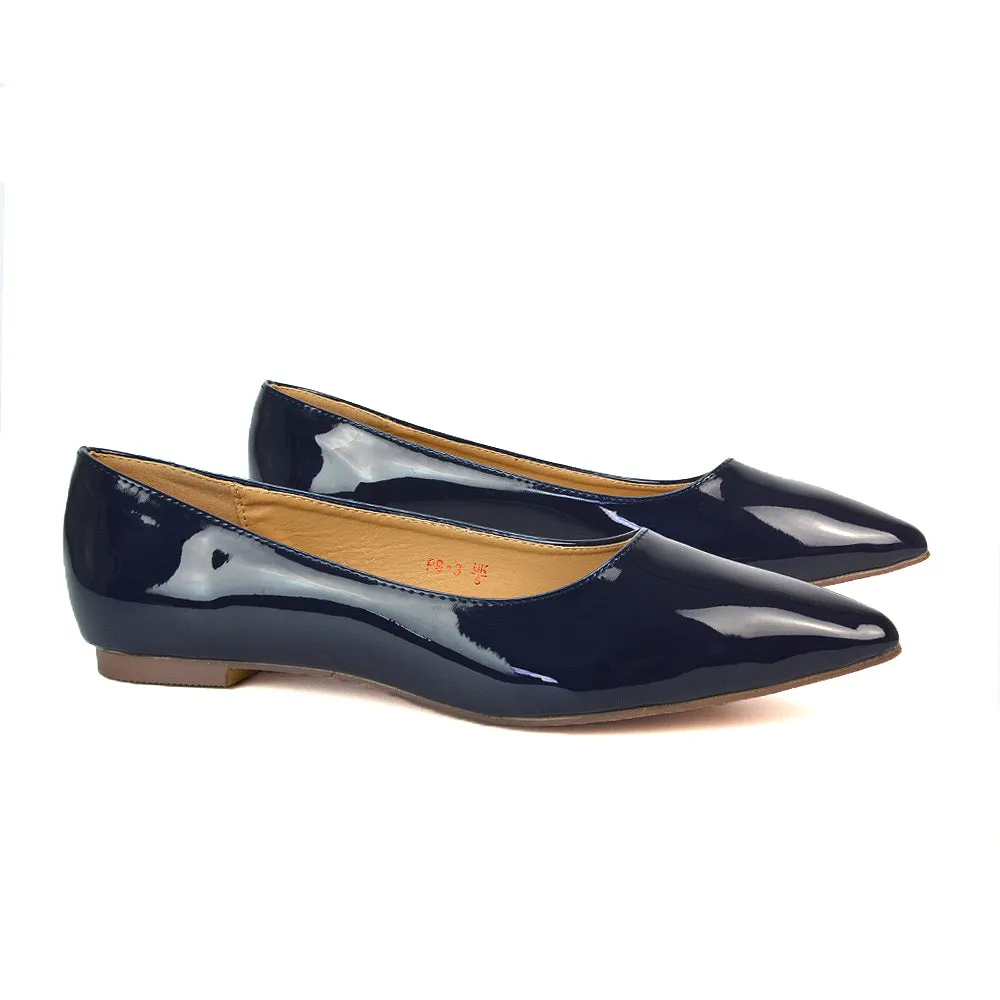 Cordelia Pointed Toe Flat Heel Ballerina Pump Shoes in Navy Patent