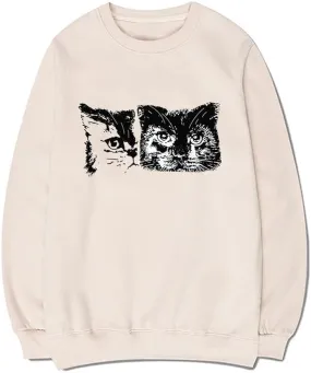 CORIRESHA Cute Cat Face Crew Neck Long Sleeve Cotton Basic Pullover Sweatshirt