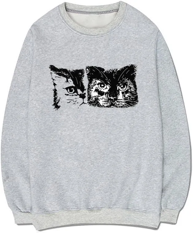 CORIRESHA Cute Cat Face Crew Neck Long Sleeve Cotton Basic Pullover Sweatshirt