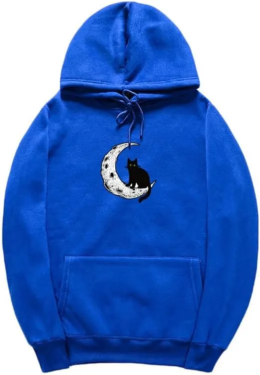 CORIRESHA Unisex Moon Cat Hoodie Casual Long Sleeve Soft Cute Sweatshirt with Pocket