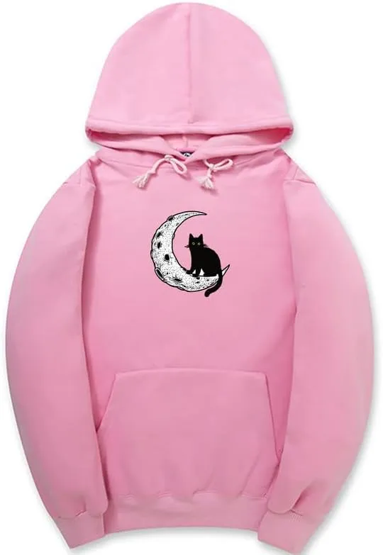 CORIRESHA Unisex Moon Cat Hoodie Casual Long Sleeve Soft Cute Sweatshirt with Pocket