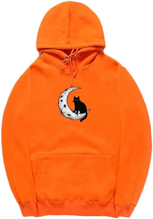 CORIRESHA Unisex Moon Cat Hoodie Casual Long Sleeve Soft Cute Sweatshirt with Pocket