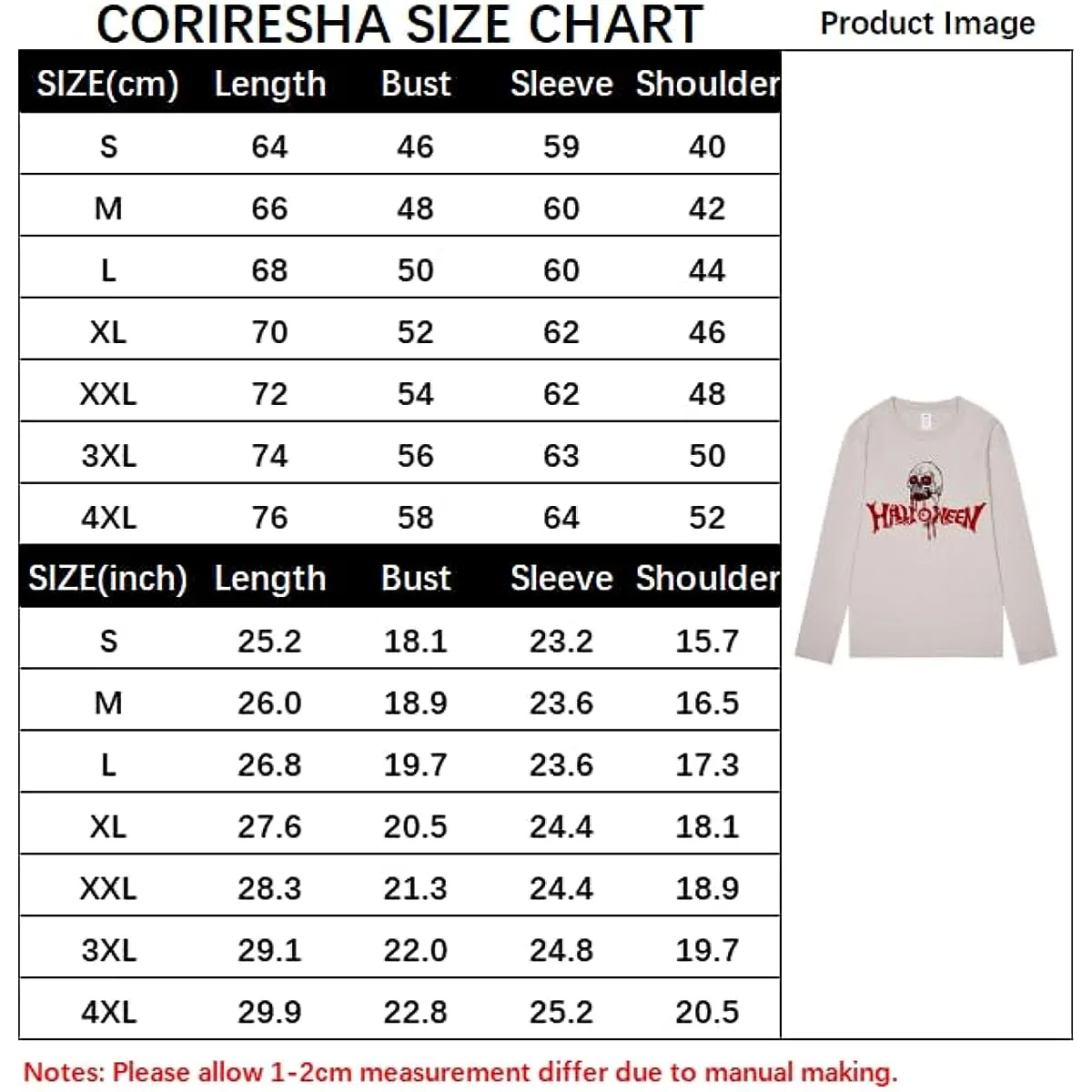 CORIRESHA Unisex Scary Skull Pattern Crewneck Long Sleeve Halloween Gothic T-Shirt