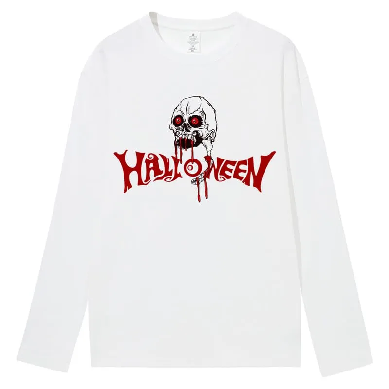 CORIRESHA Unisex Scary Skull Pattern Crewneck Long Sleeve Halloween Gothic T-Shirt