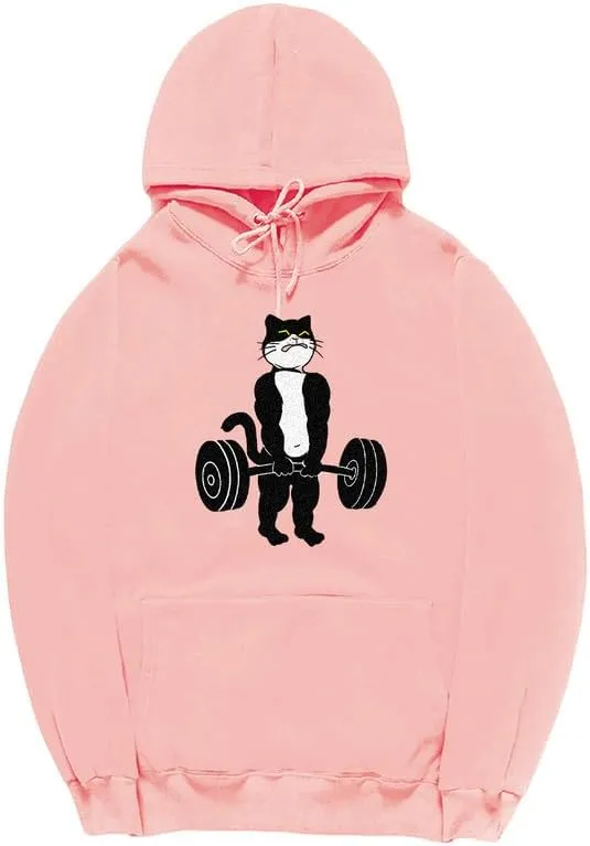 CORIRESHA Unisex Weightlifting Cat Hoodie Long Sleeve Drawstring Kangaroo Pocket Cotton Sweatshirt