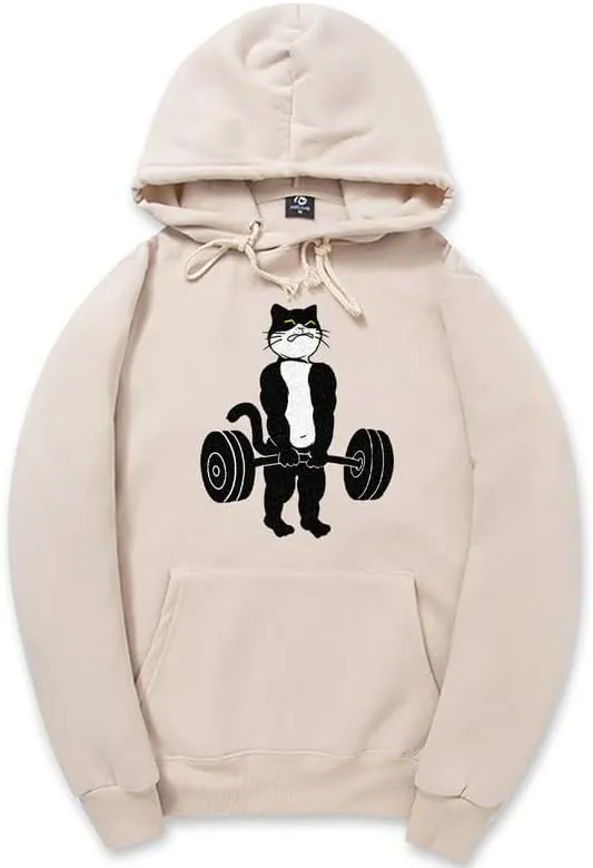 CORIRESHA Unisex Weightlifting Cat Hoodie Long Sleeve Drawstring Kangaroo Pocket Cotton Sweatshirt