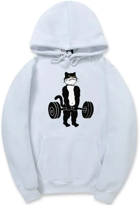 CORIRESHA Unisex Weightlifting Cat Hoodie Long Sleeve Drawstring Kangaroo Pocket Cotton Sweatshirt