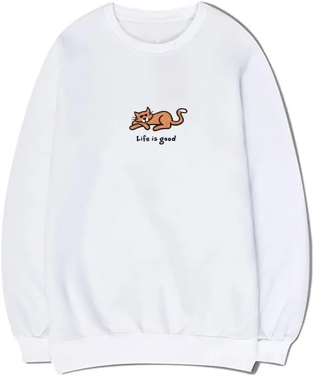 CORIRESHA Women's Cute Cat Crew Neck Long Sleeve Casual Cotton Letters Sweatshirt