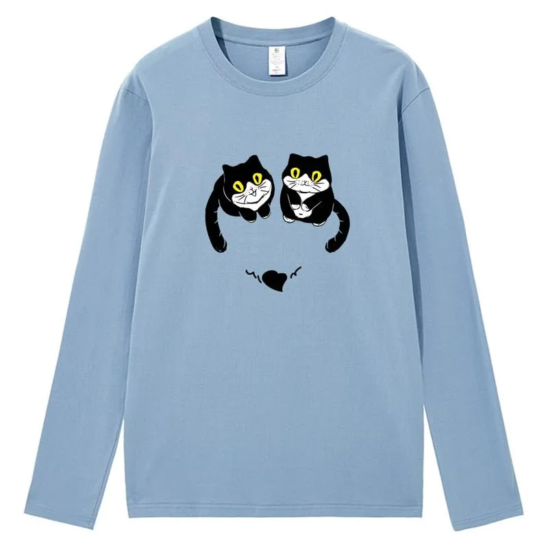 CORIRESHA Women's Teen Cute Cat Crew Neck Long Sleeve Casual Fall Heart T-Shirt