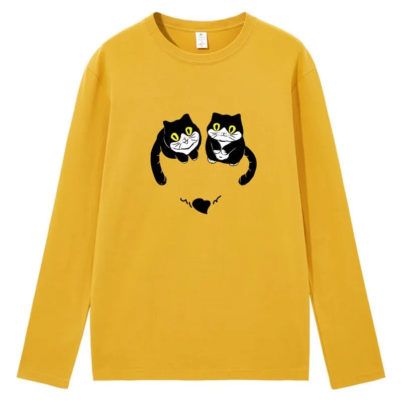 CORIRESHA Women's Teen Cute Cat Crew Neck Long Sleeve Casual Fall Heart T-Shirt