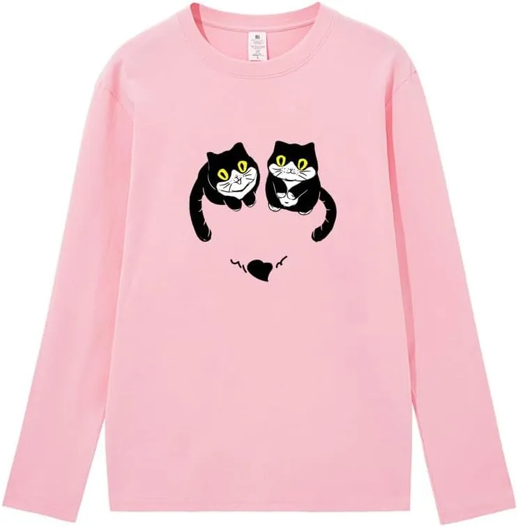 CORIRESHA Women's Teen Cute Cat Crew Neck Long Sleeve Casual Fall Heart T-Shirt