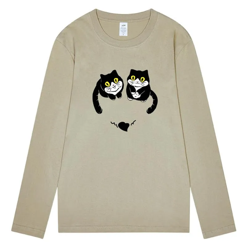 CORIRESHA Women's Teen Cute Cat Crew Neck Long Sleeve Casual Fall Heart T-Shirt