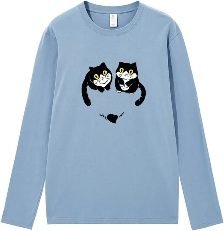 CORIRESHA Women's Teen Cute Cat Crew Neck Long Sleeve Casual Fall Heart T-Shirt