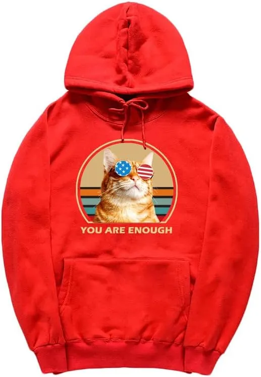 CORIRESHA You are Enough Teen Cute Hoodie Casual Long Sleeve Drawstring Cotton Cat Lovers Sweatshirts