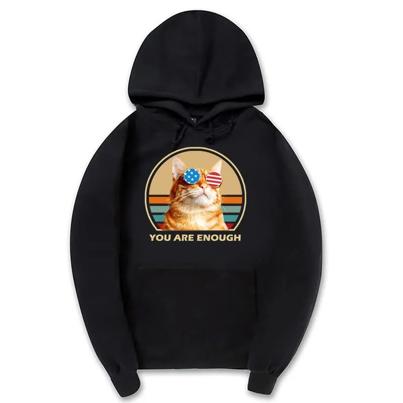 CORIRESHA You are Enough Teen Cute Hoodie Casual Long Sleeve Drawstring Cotton Cat Lovers Sweatshirts