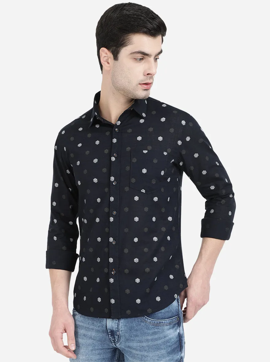 Dark Blue Printed Slim Fit Semi Casual Shirt | Greenfibre