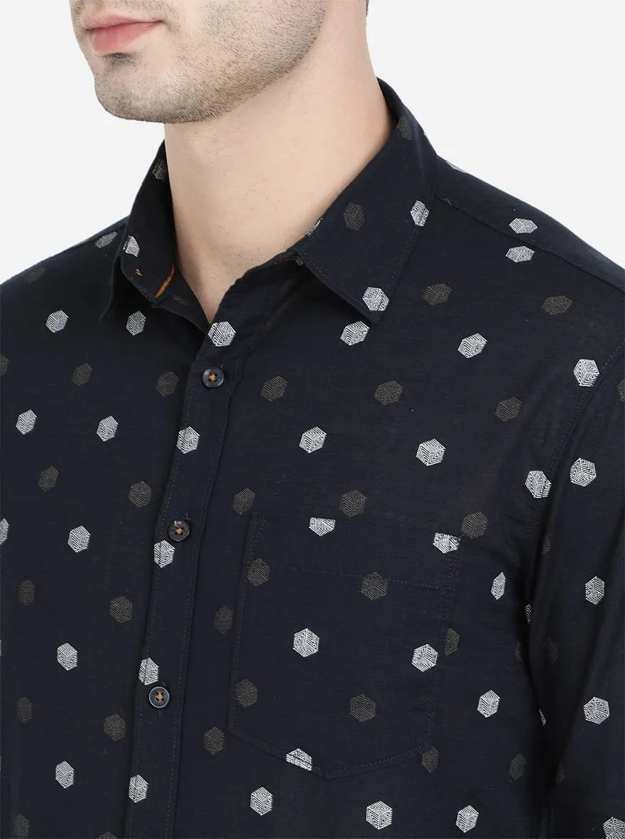 Dark Blue Printed Slim Fit Semi Casual Shirt | Greenfibre