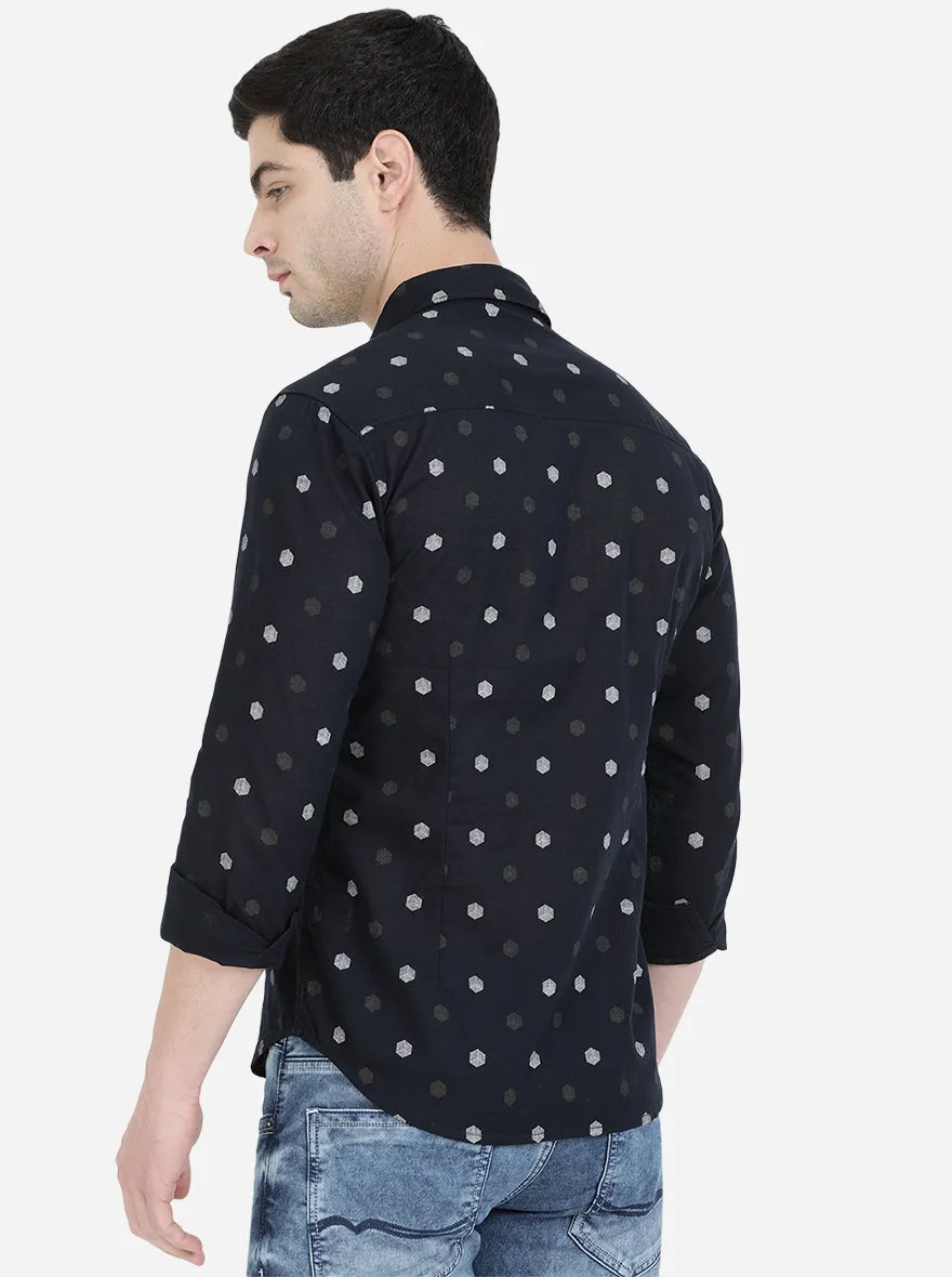 Dark Blue Printed Slim Fit Semi Casual Shirt | Greenfibre