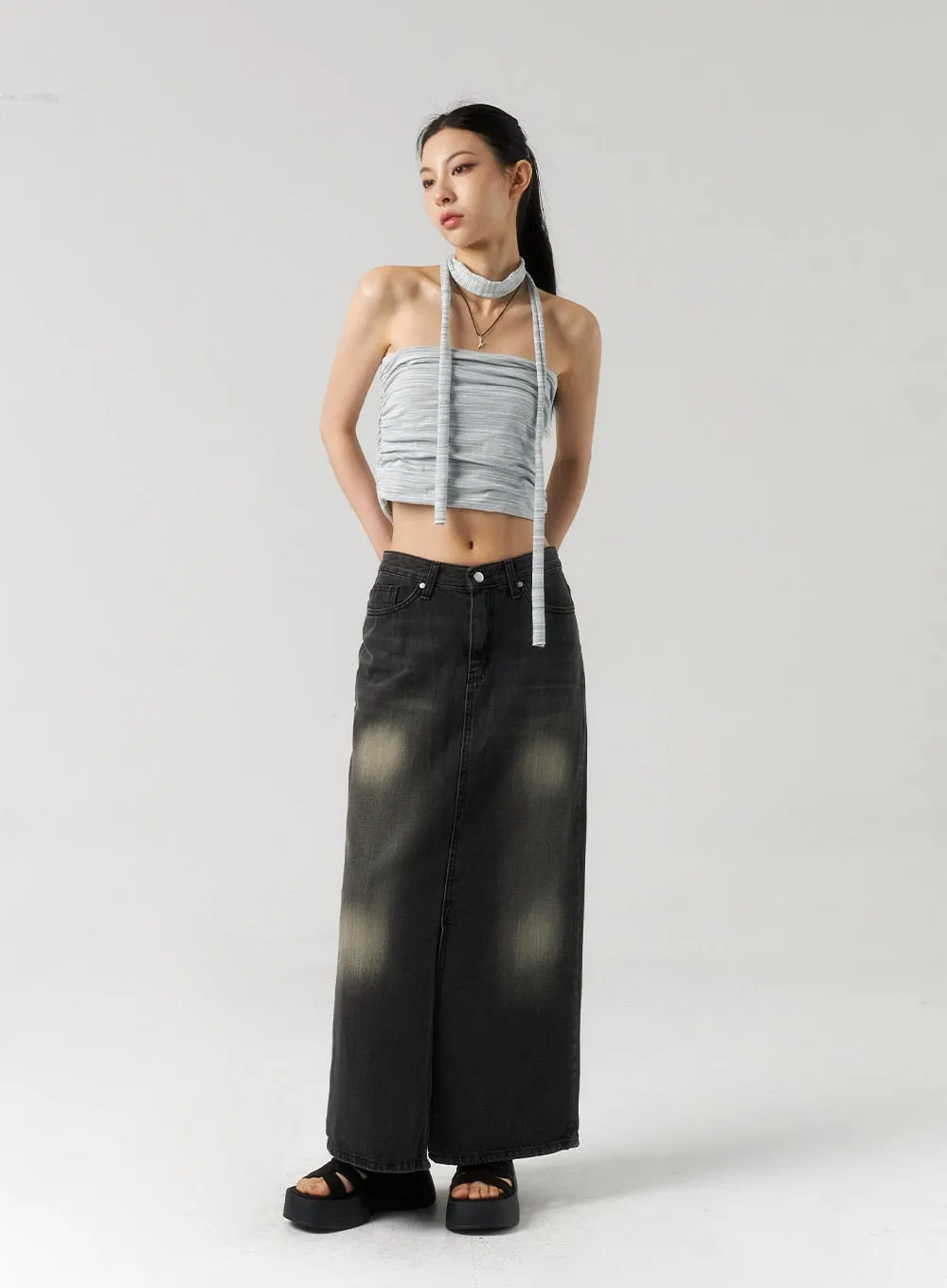 Dark Wash Denim Maxi Skirt CU321