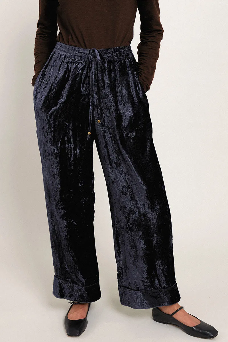 Delphine Navy Velvet Wide Leg Trousers