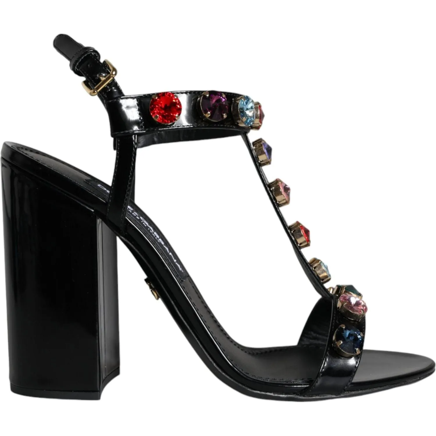 Dolce & Gabbana Black Crystal Leather T-strap Sandals Shoes