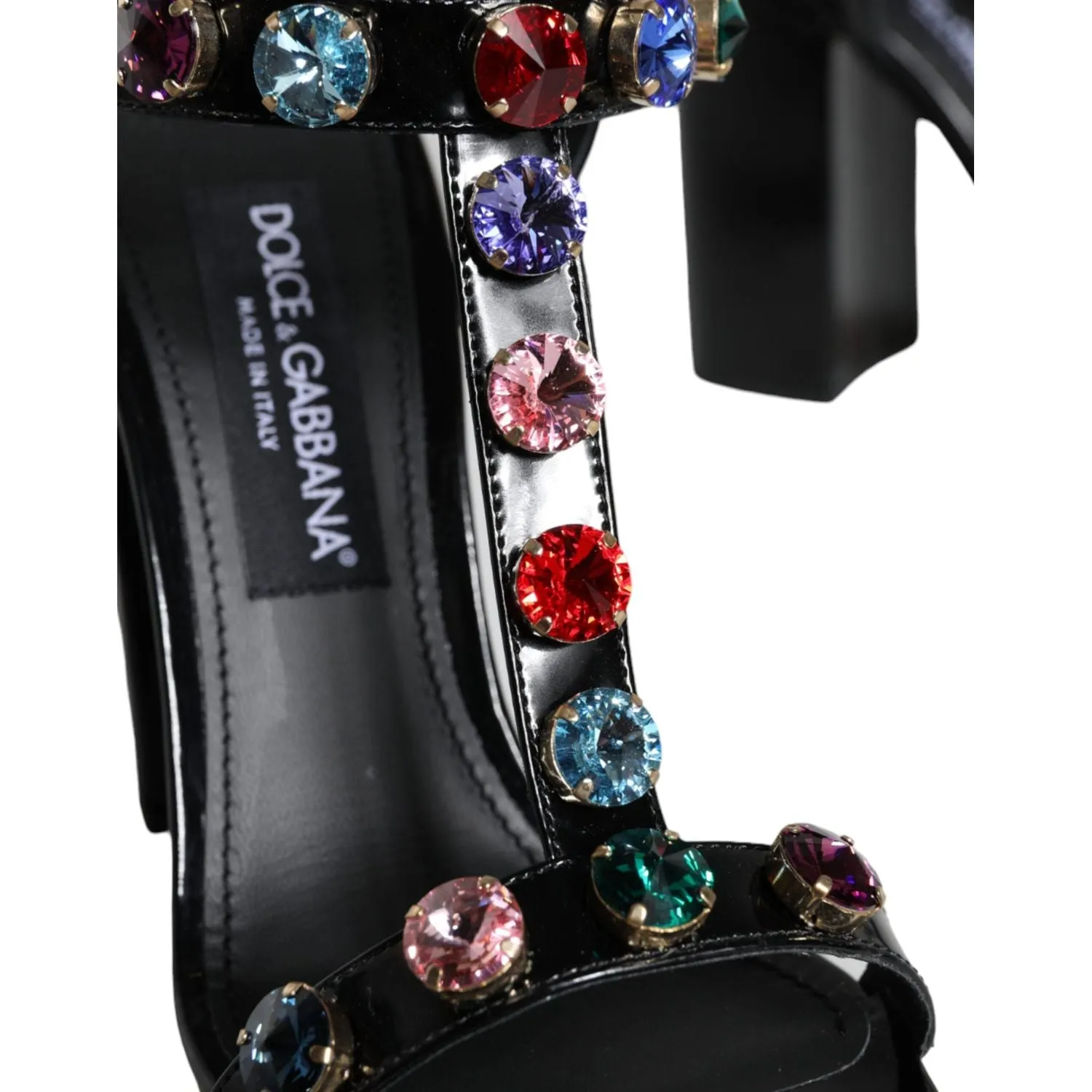 Dolce & Gabbana Black Crystal Leather T-strap Sandals Shoes