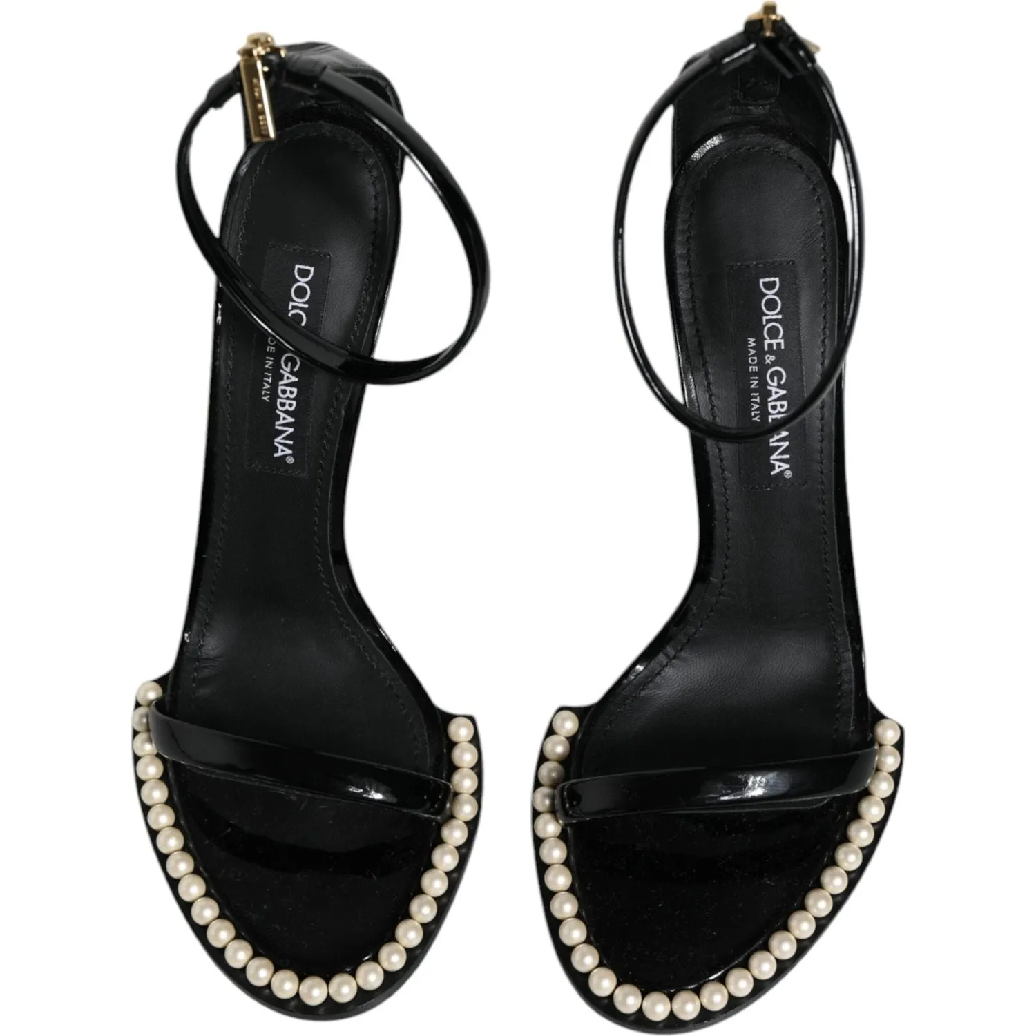 Dolce & Gabbana Black Keira Leather Faux Pearl Sandals Heels Shoes