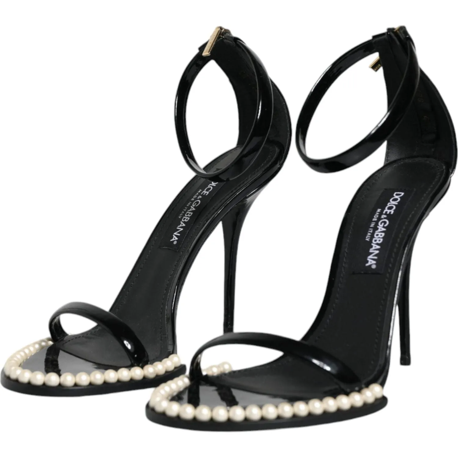 Dolce & Gabbana Black Keira Leather Faux Pearl Sandals Heels Shoes