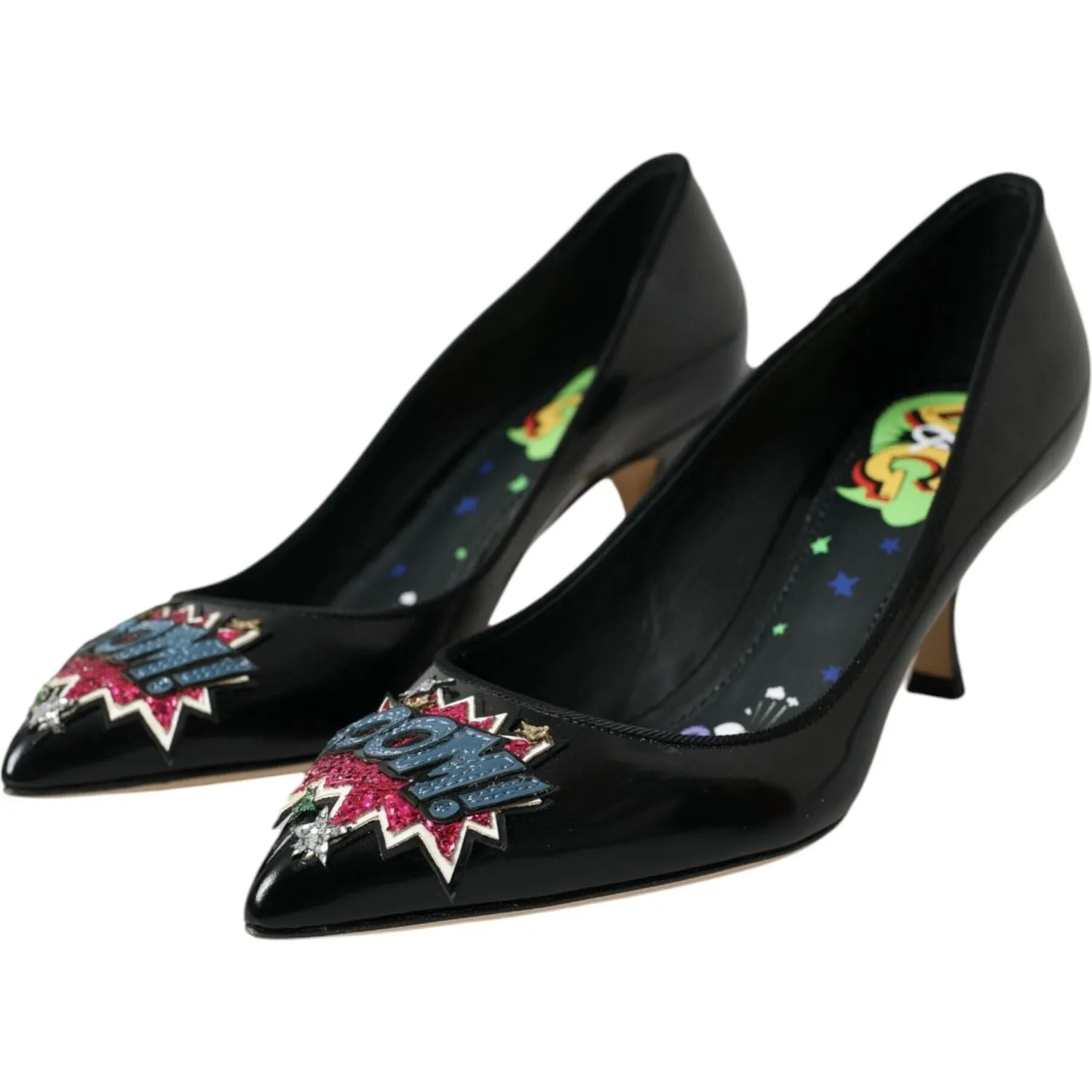 Dolce & Gabbana Black Leather BOOM Patch Heels Pumps Shoes