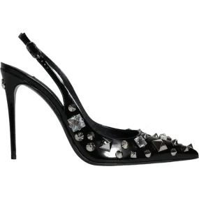 Dolce & Gabbana Black Leather Crystal Stud Slingback Shoes