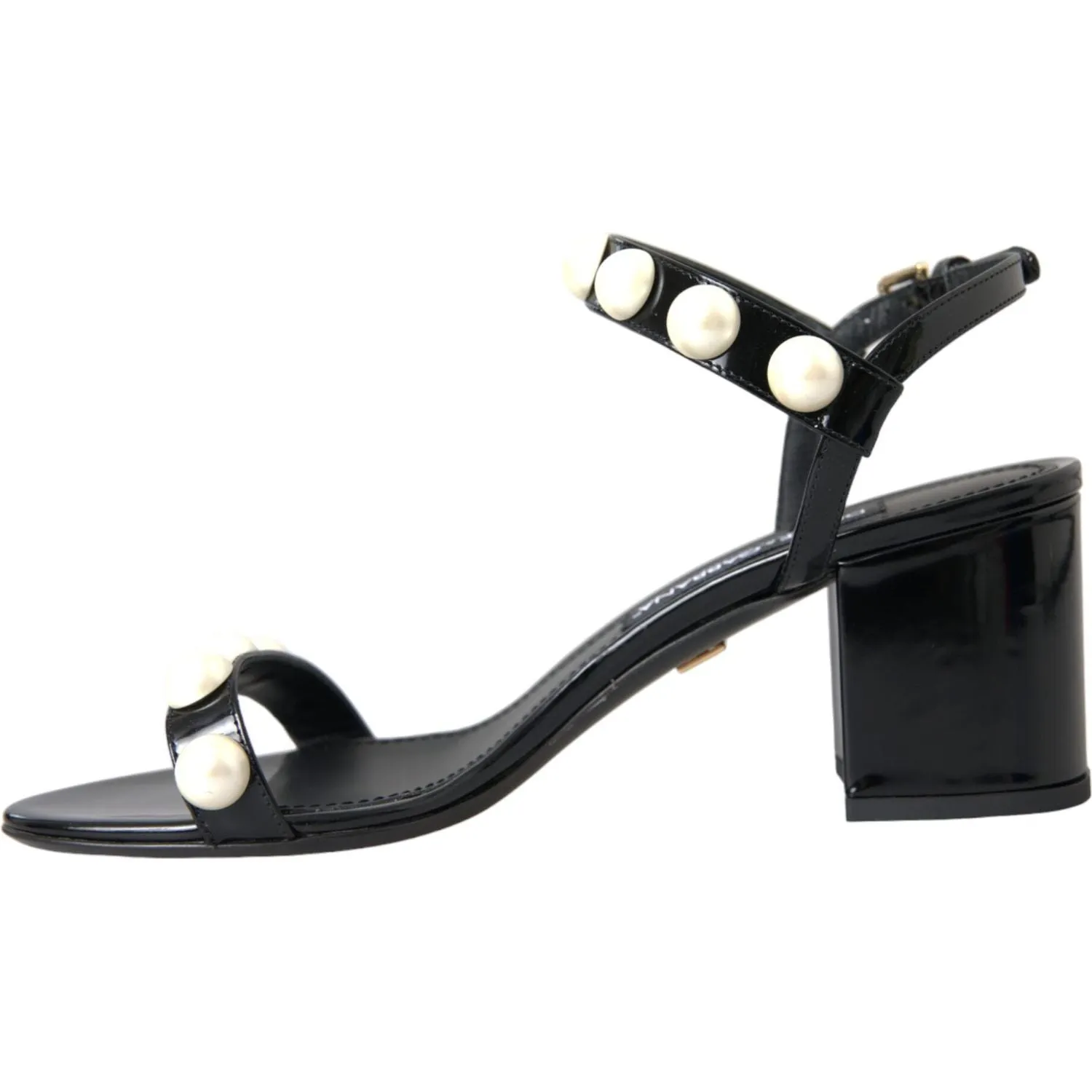 Dolce & Gabbana Black Leather Faux Pearl Heel Sandals Shoes