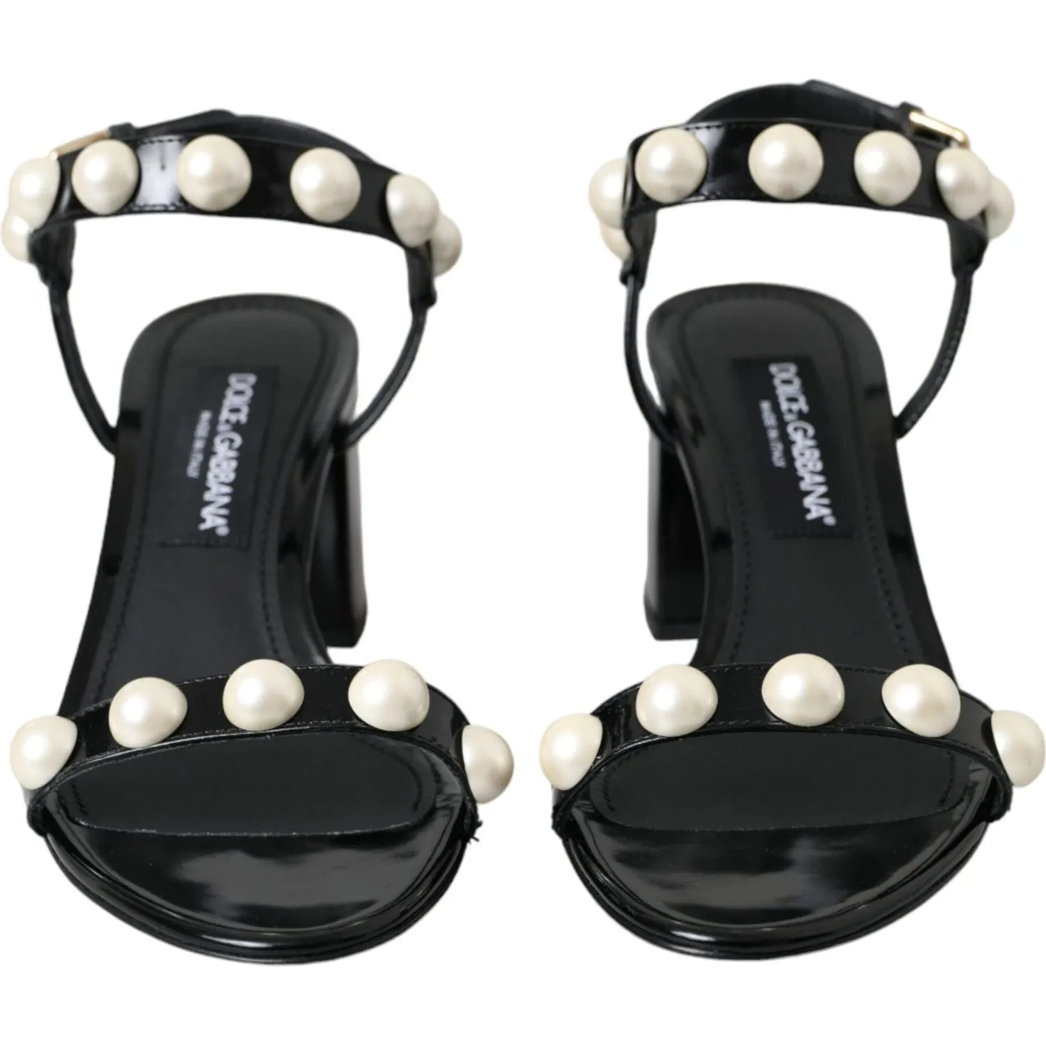 Dolce & Gabbana Black Leather Faux Pearl Heel Sandals Shoes