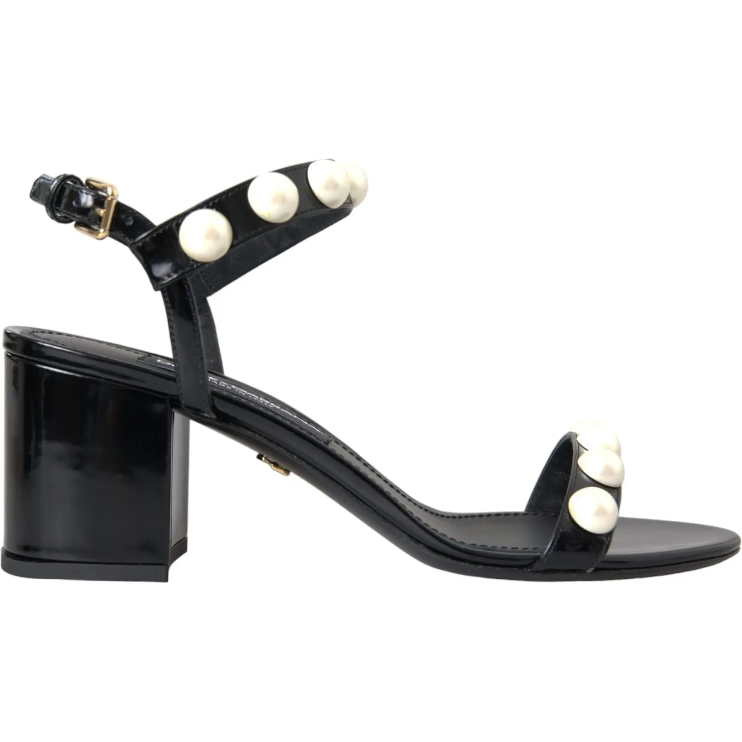 Dolce & Gabbana Black Leather Faux Pearl Heel Sandals Shoes