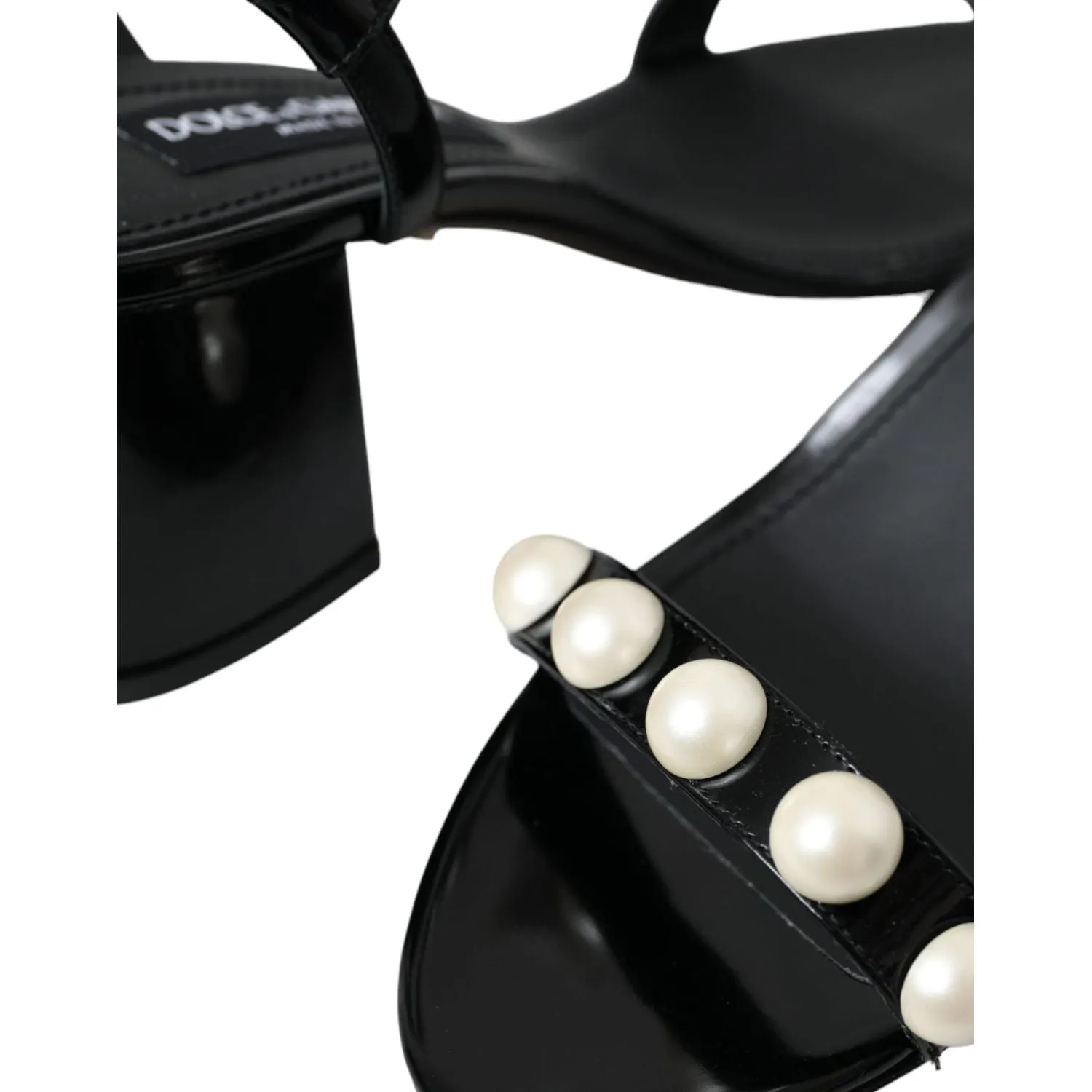 Dolce & Gabbana Black Leather Faux Pearl Heel Sandals Shoes