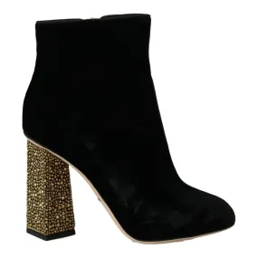 Dolce & Gabbana Elegant Velvet Ankle Boots with Crystal Heels