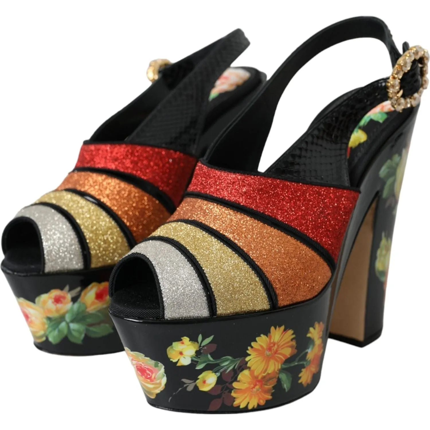 Dolce & Gabbana Multicolor Floral Crystal Platform Sandals Shoes