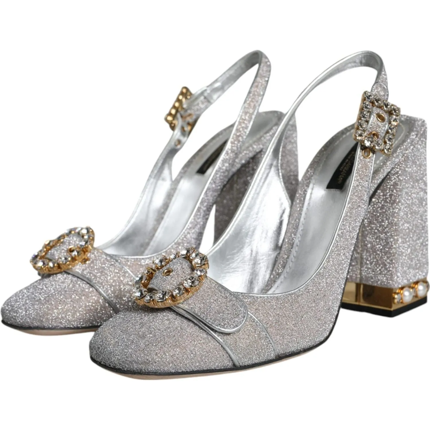 Dolce & Gabbana Silver Crystal Slingback Heels Sandals Shoes