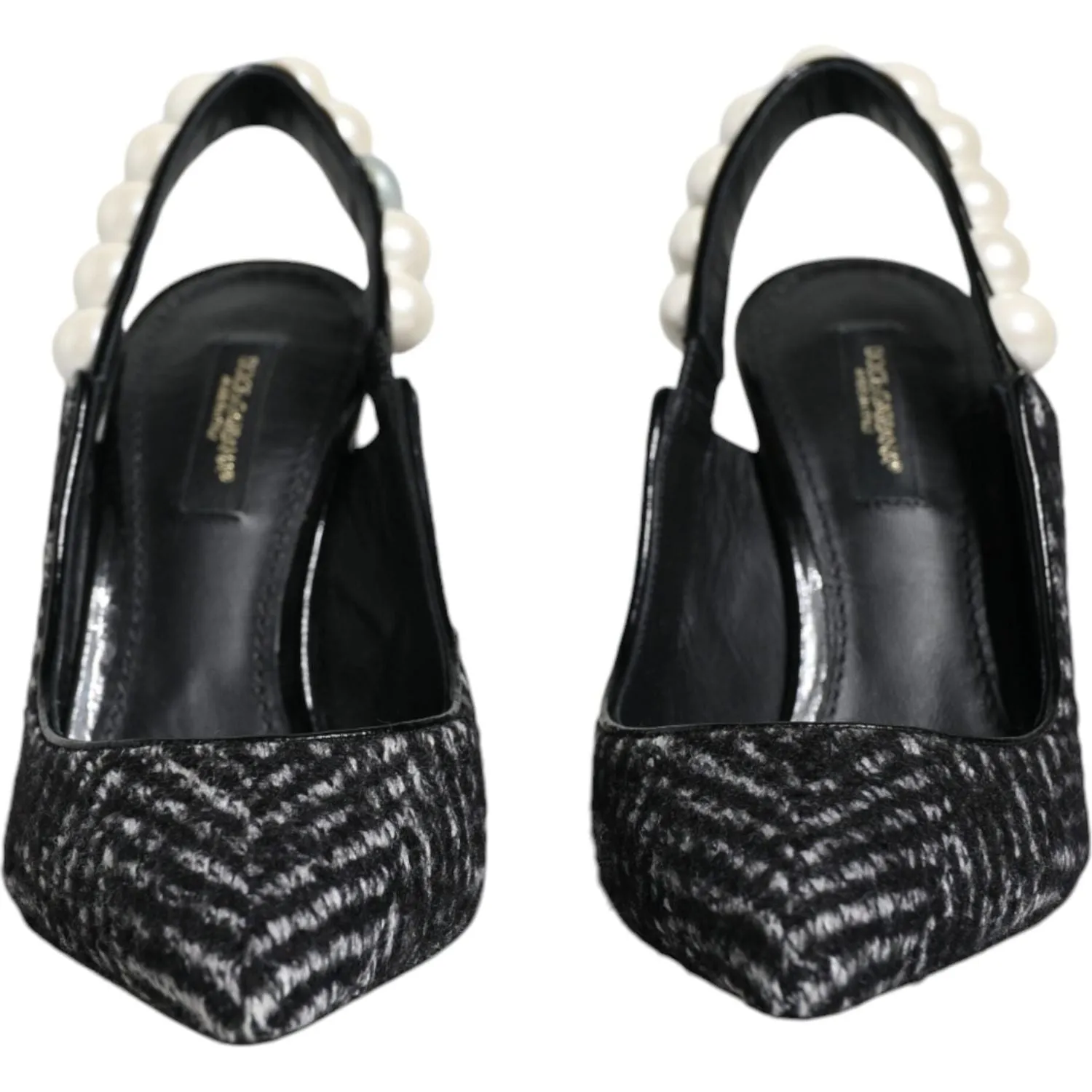 Dolce & Gabbana White Black Chevron Faux Pearl Slingback Shoes