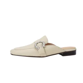 Elara Beige Leather Flat Mules