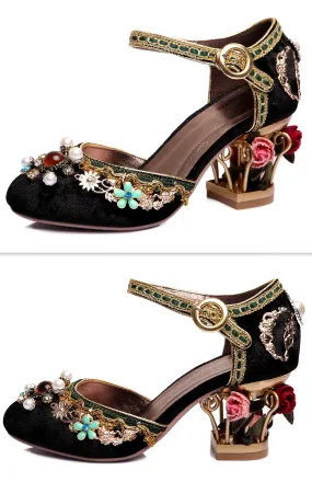 Embellished Caged-Heel Velvet Pumps, Black