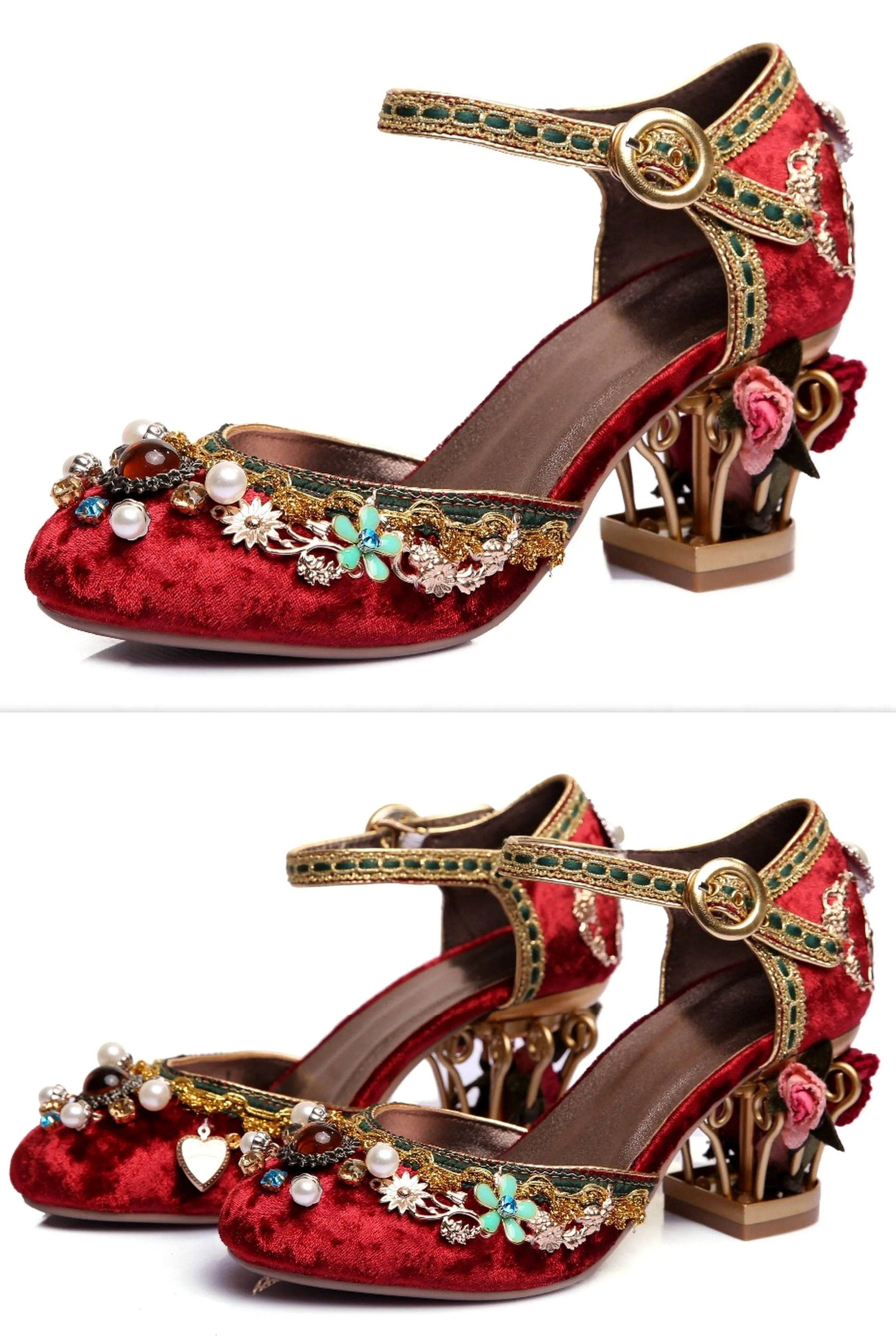 Embellished Caged-Heel Velvet Pumps, Red