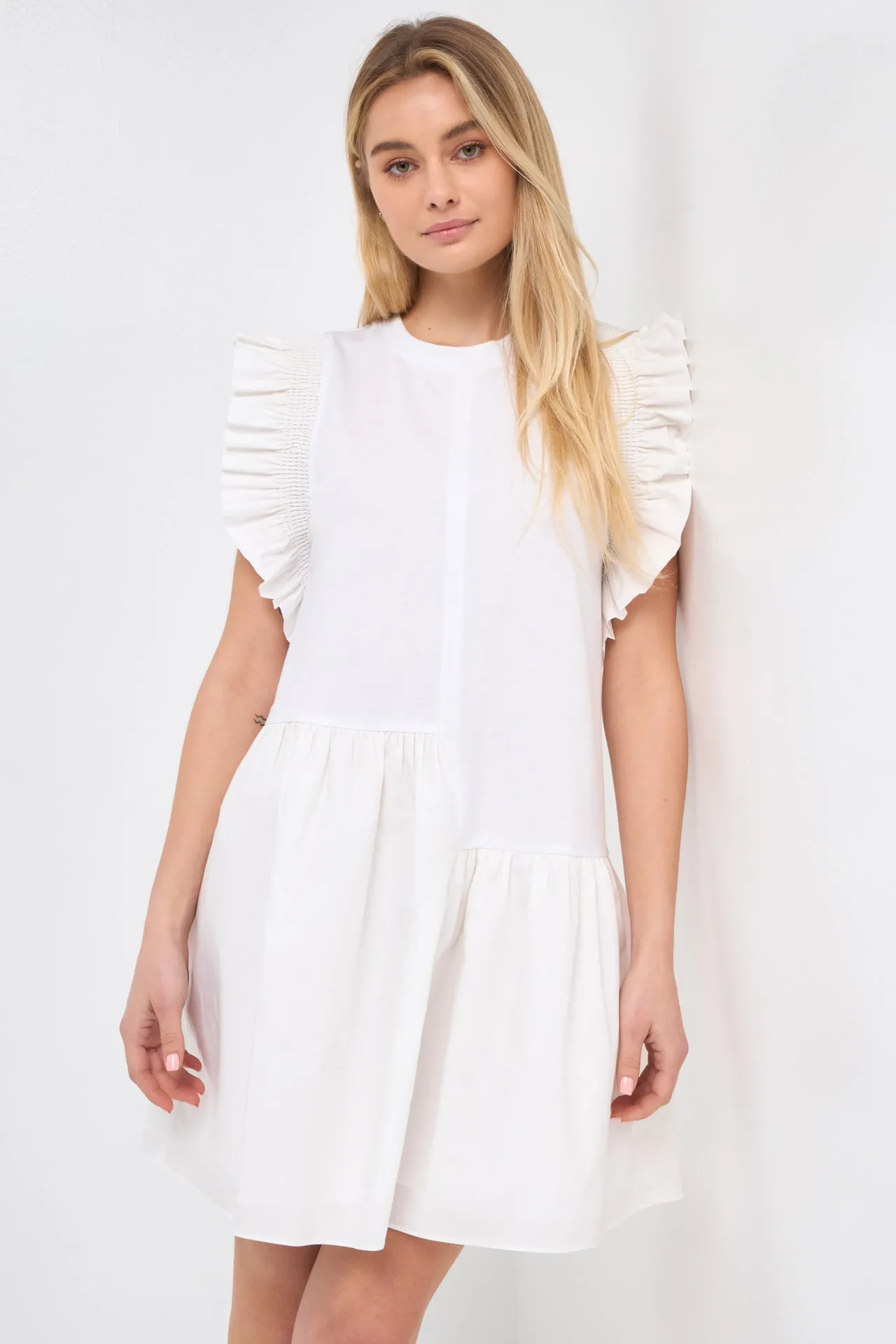 English Factory - Mixed Media Ruffled Detail Mini Dress