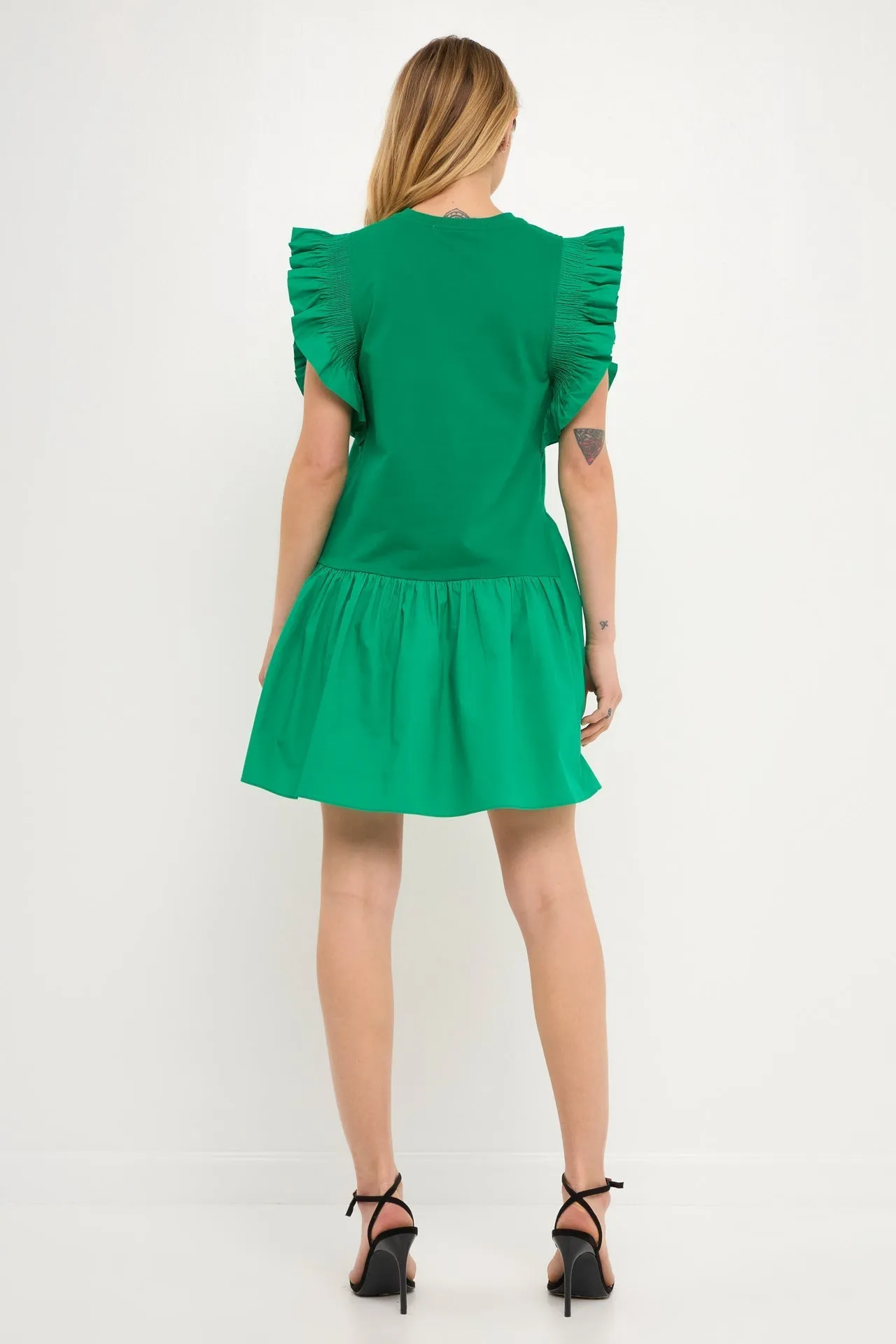 English Factory - Mixed Media Ruffled Detail Mini Dress