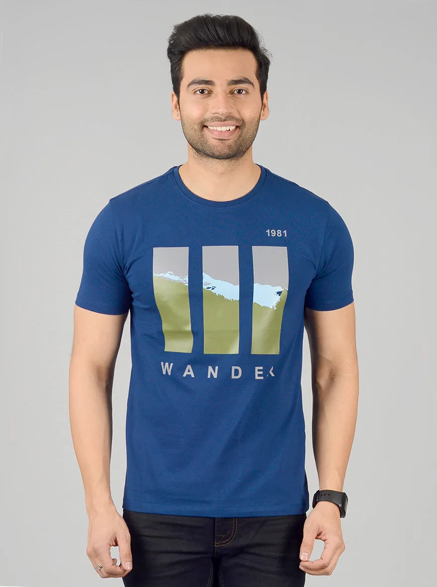 Estate Blue Printed Slim Fit T-shirt | JadeBlue