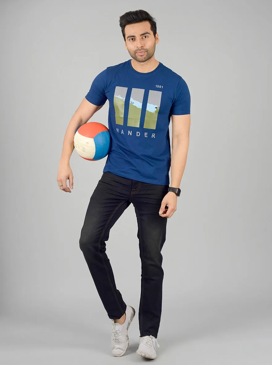 Estate Blue Printed Slim Fit T-shirt | JadeBlue