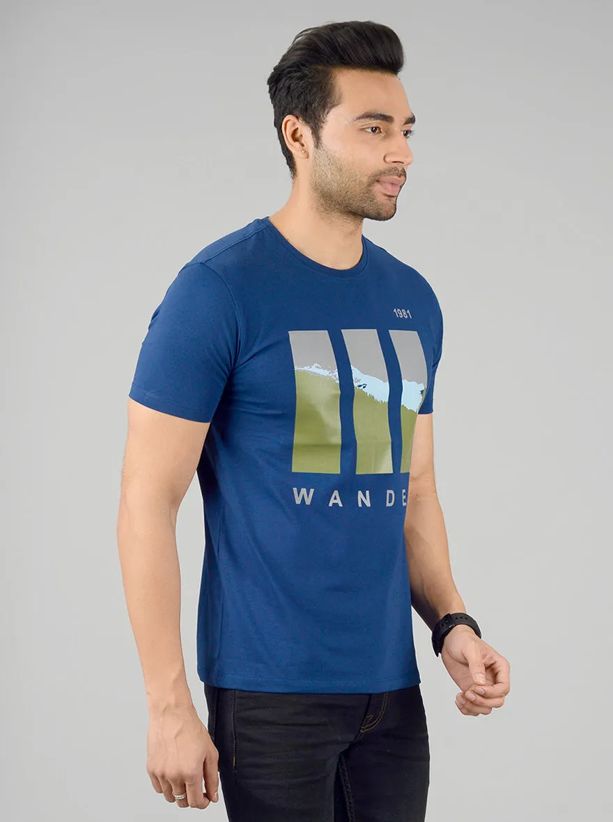 Estate Blue Printed Slim Fit T-shirt | JadeBlue