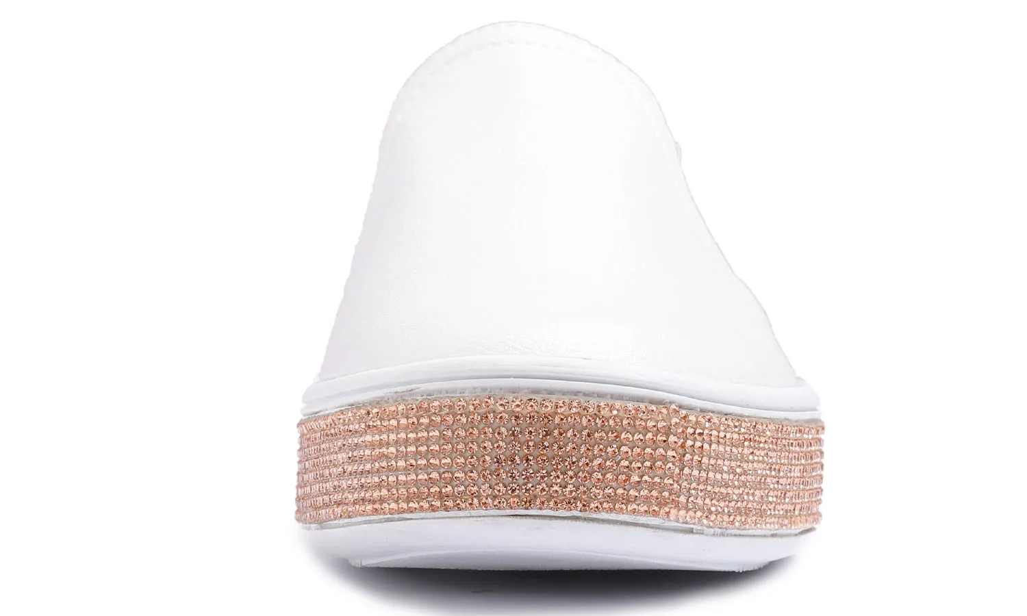 Feversole Women's Fashion Slip-On Sneaker Casual Platform Loafers White Rose Gold Rhinestone Shoes